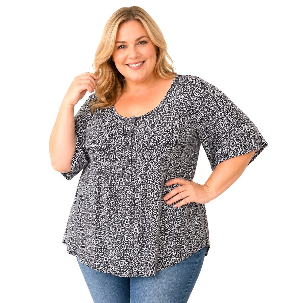 Cocomo Woman Relaxed Top Womens Size 2X Navy & White Geometric Pocket Blouse